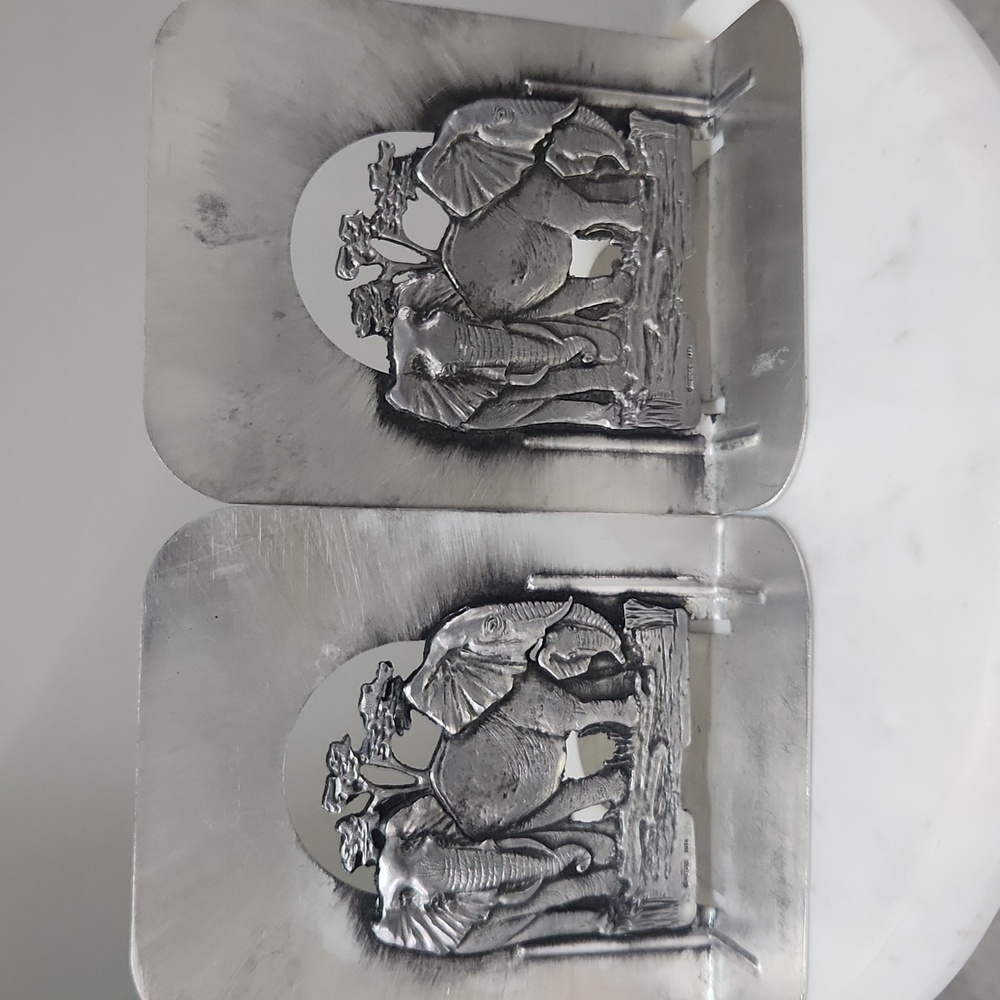 Metzke Vintage 1974 Silver Pewter African Elephant Family Bookends